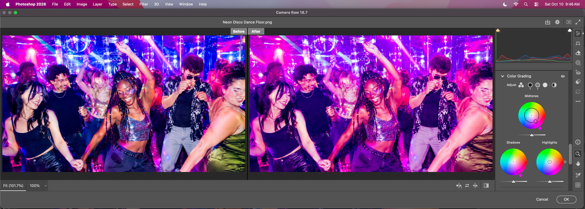 Disco dancing photo showing color grading settings in Adobe Camera Raw.