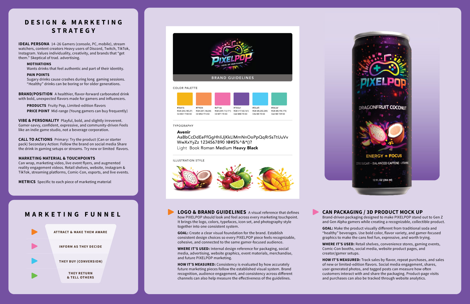 Example of a portfolio page for PIXELPOP beverages and all the marketing material designed for it.