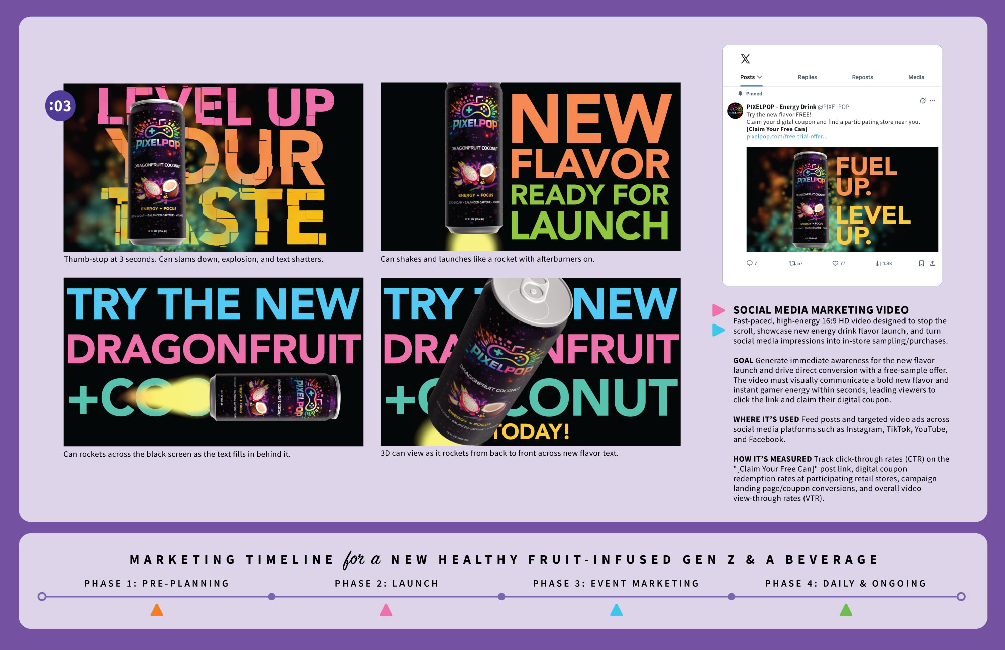 Example of a portfolio page for PIXELPOP beverages and all the marketing material designed for it.
