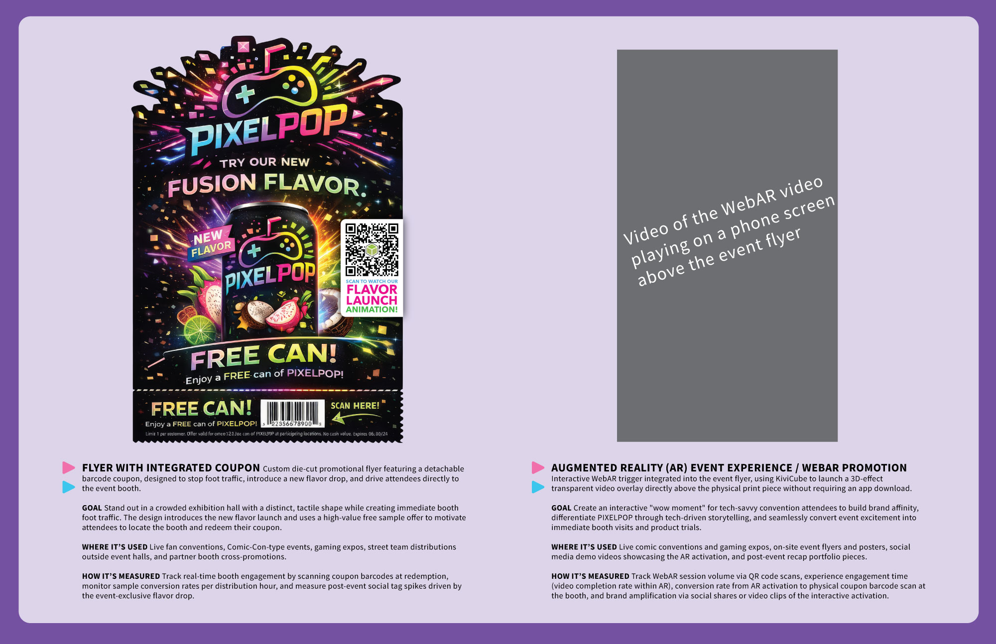 Example of a portfolio page for PIXELPOP beverages and all the marketing material designed for it.