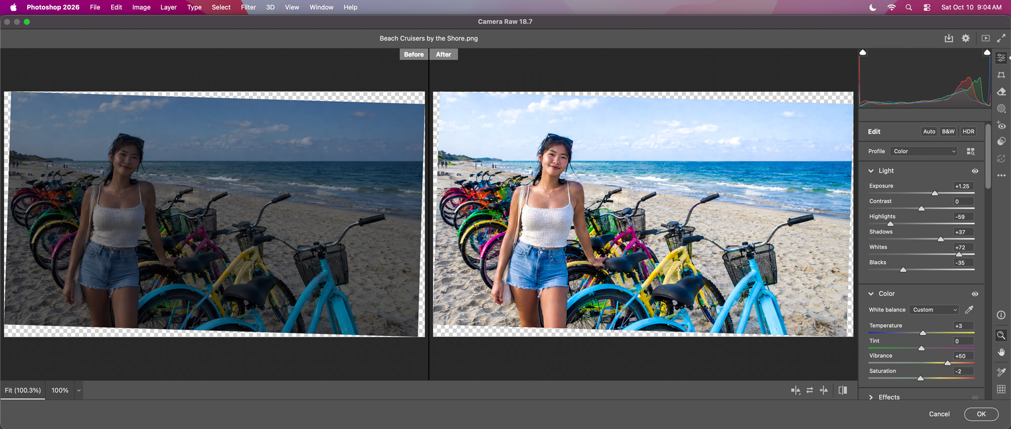 Before and after photo that has been color corrected in Camera Raw.