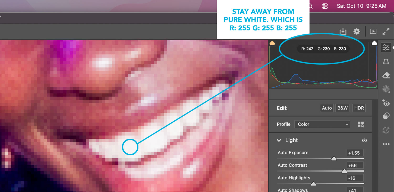 Screen capture showing students to stay away from pure white when color correcting.