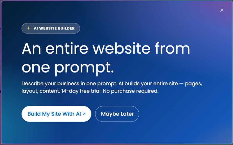 Screen capture of a Bluehost offer that asked to create a website fully with AI.