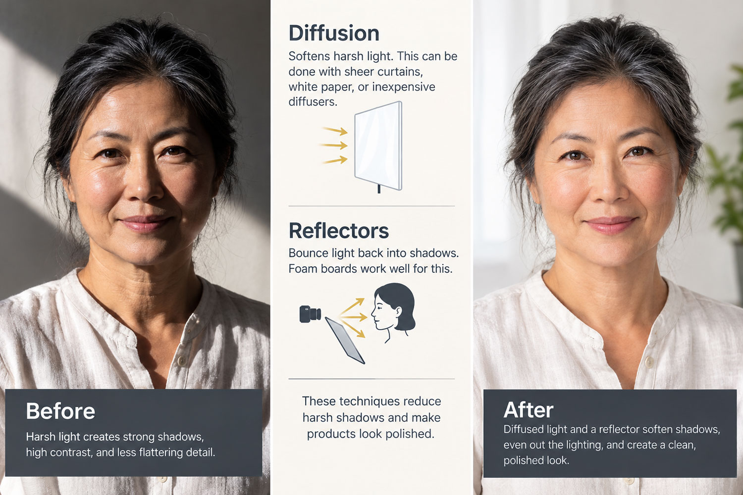 Photo and video lighting examples showing diffusers and reflectors.