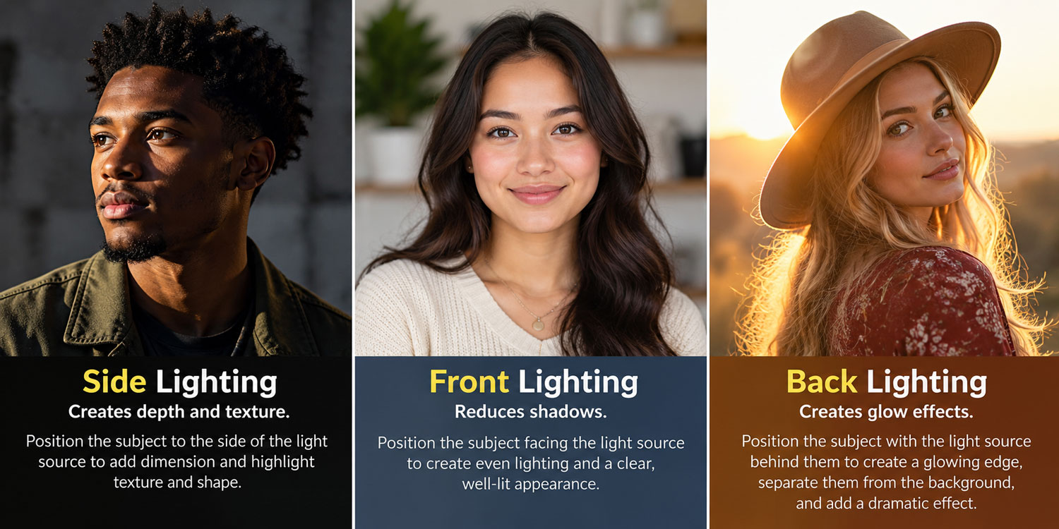 Photo and video lighting examples showing front, side, and back lighting.